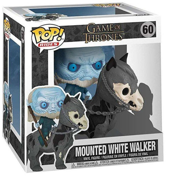 Funko Pop! Rides Game of Thrones 'Mounted White Walker' vinyl figure in its original window box packaging, featuring the blue-skinned white walker and a dark horse with a skull mask.