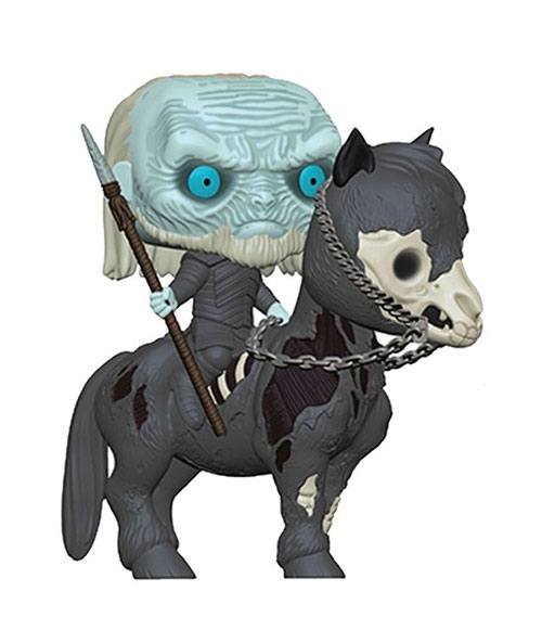 Funko Pop! Rides Game of Thrones 'Mounted White Walker' vinyl figure in its original window box packaging, featuring the blue-skinned white walker and a dark horse with a skull mask.