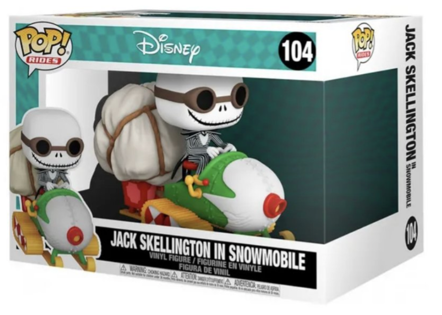 Funko Pop! Movies Jack Skellington in Snowmobile vinyl figure box, number 104, featuring the figure in a green and white snowmobile with a large white sack on Jack's back.