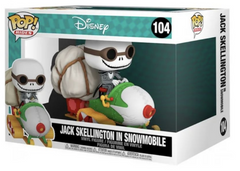 Funko Pop! Movies Jack Skellington in Snowmobile vinyl figure box, number 104, featuring the figure in a green and white snowmobile with a large white sack on Jack's back.